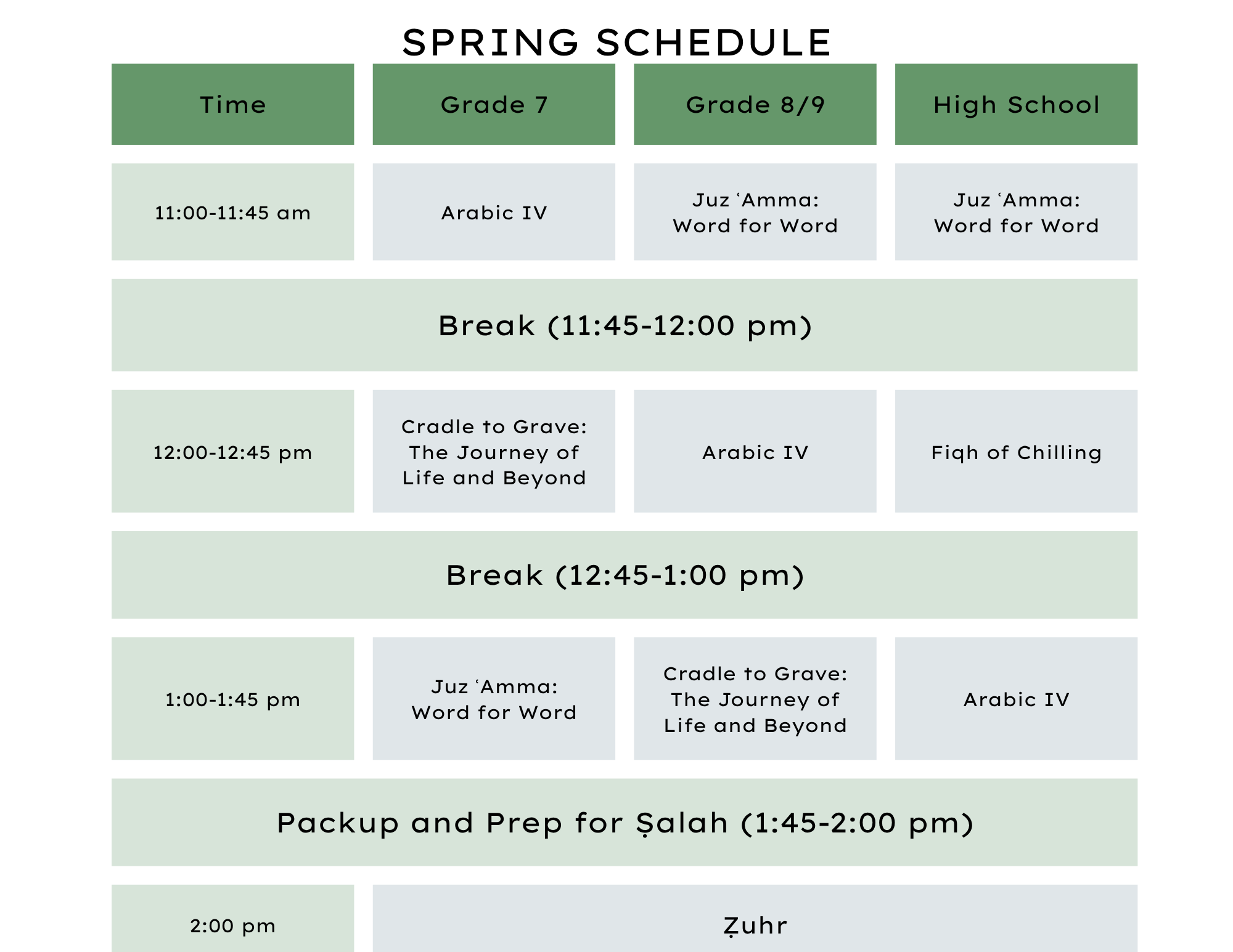 Pillars Academy schedule
