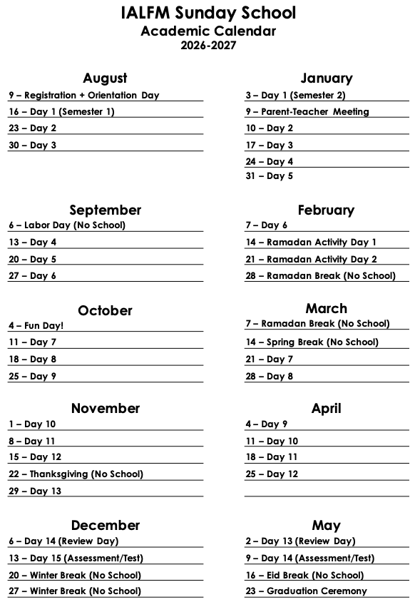 Sunday School calendar 2026–27